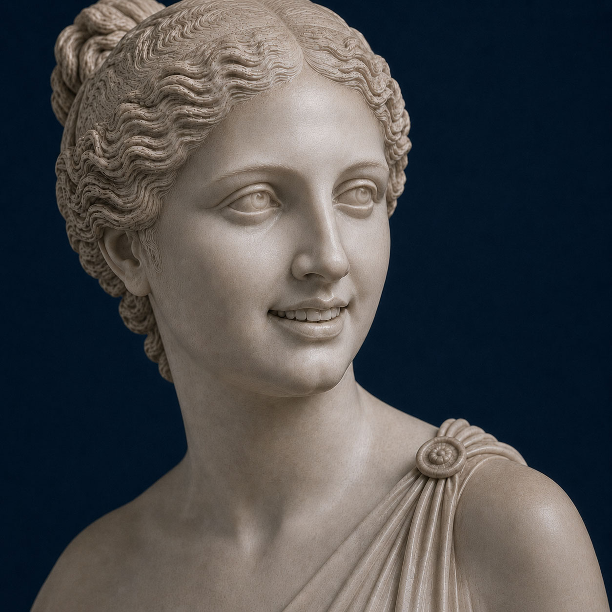 Dettaglio artistico di una statua classica sorridente, simbolo di armonia e bellezza del sorriso